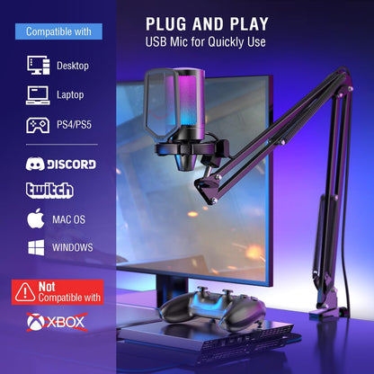 USB Condenser Microphone with Boom Arm and RGB